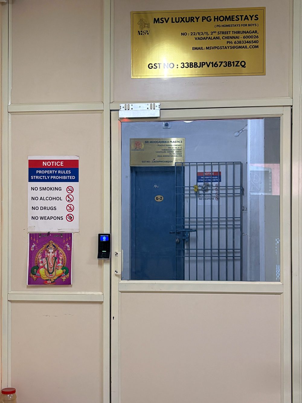 MSV Luxury PG Homestays entrance signage with fingerprint access